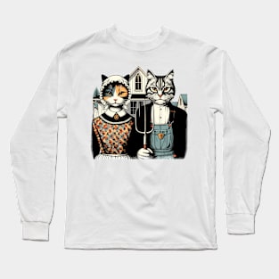 Retro American Gothic Cat Mom Cat Dad Gifts Funny Cat Long Sleeve T-Shirt